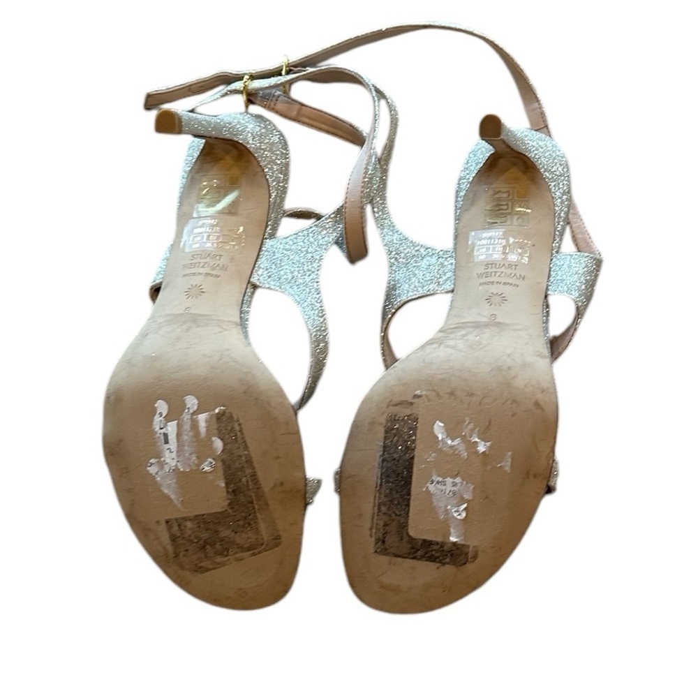 Stuart Weitzman ALIGN 95 Silver Sparkle Strappy Heels | Minimalist Nudist Style - Picture 11 of 11